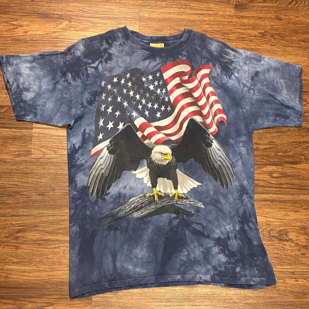 Vintage 90s The Mountain Bald Eagle American Flag Tie Dye T Shirt XXL USA